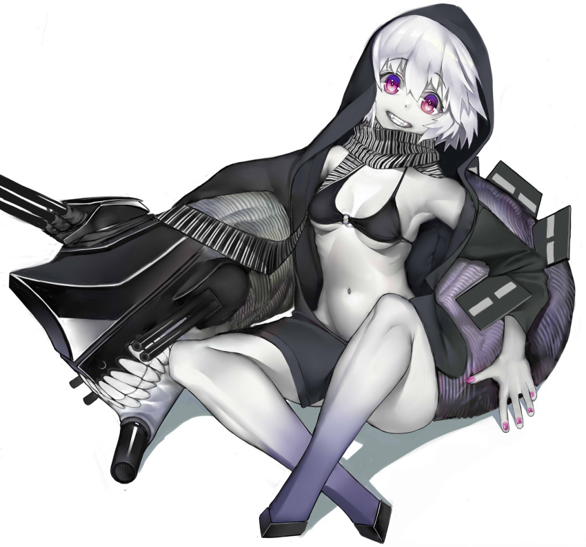 1girl abyssal_ship bikini black_bikini black_hoodie breasts claws crossed_legs eyebrows_visible_through_hair full_body hair_between_eyes highres hood hoodie kantai_collection looking_at_viewer navel nyatabe o-ring o-ring_bikini o-ring_top pale_skin pink_nails purple_eyes re-class_battleship ribs scarf short_hair silver_hair simple_background sitting small_breasts smile stomach striped striped_scarf swimsuit tail vertical_stripes white_background