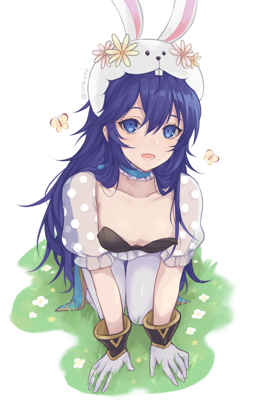 1girl absurdres all_fours animal_ears blue_eyes blue_hair breasts bug bunny_ears butterfly collarbone fake_animal_ears fire_emblem fire_emblem_awakening fire_emblem_heroes frilled_sleeves frills full_body gloves grass highres insect long_hair lucina_(fire_emblem) neck_garter official_alternate_costume pantyhose polka_dot see-through shimizu_akina short_hair simple_background small_breasts solo strapless very_long_hair white_background white_gloves white_headwear white_legwear