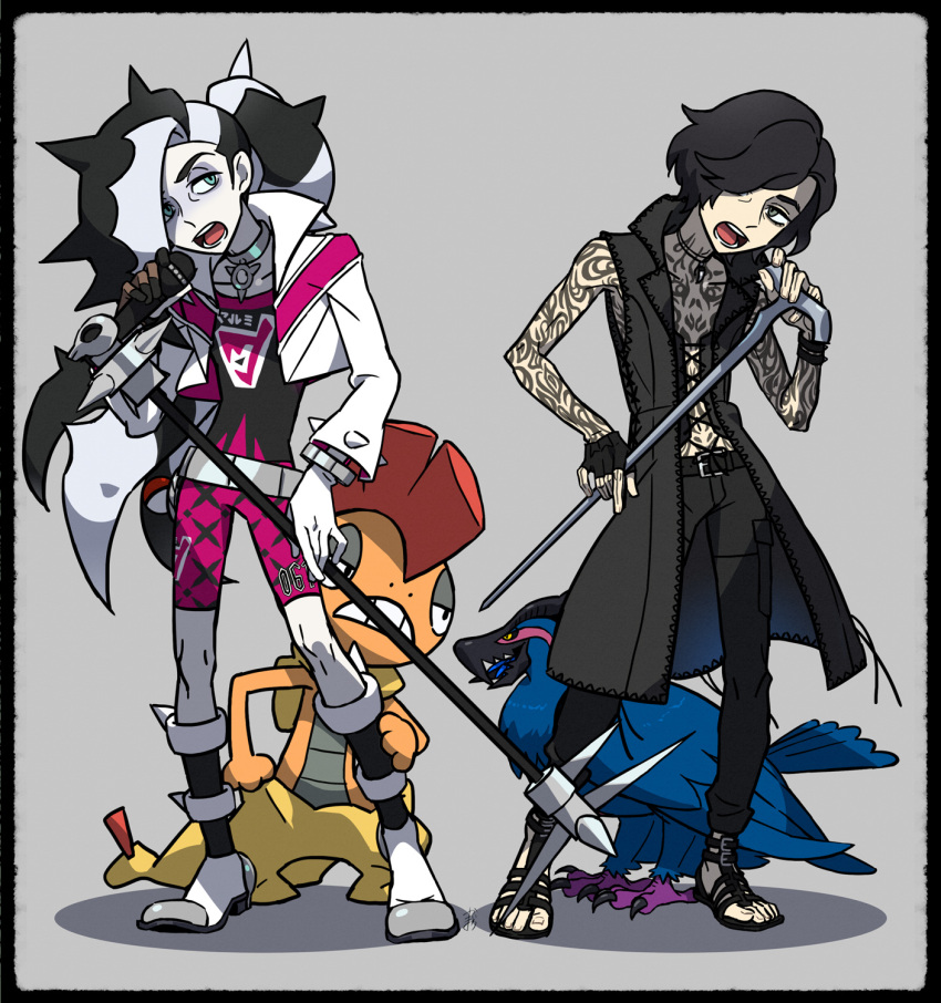 2boys bangs belt bike_shorts black_belt black_gloves black_hair black_pants character_request coat commentary_request cropped_jacket devil_may_cry_5 eyeshadow fingerless_gloves gen_5_pokemon gloves green_eyes griffon_(devil_may_cry_5) gym_leader highres holding holding_microphone jacket kagio_(muinyakurumi) long_hair makeup male_focus microphone microphone_stand multicolored_hair multiple_boys number open_clothes open_coat pants piers_(pokemon) pokemon pokemon_(creature) pokemon_(game) pokemon_swsh sandals scrafty shirt singer standing toes two-tone_hair v_(devil_may_cry) white_hair white_jacket