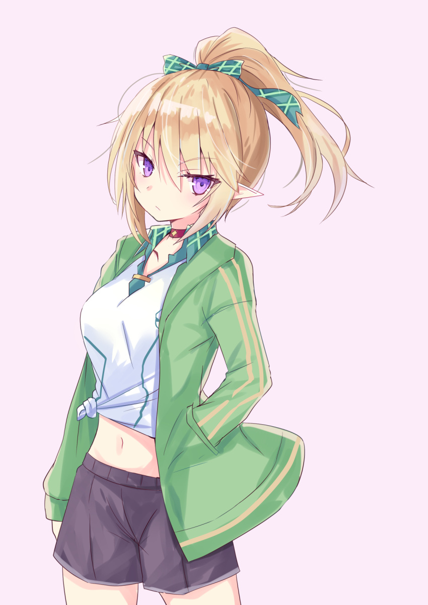 1girl bangs black_shorts blonde_hair breasts chloe_(princess_connect!) closed_mouth collarbone collared_shirt commentary_request crop_top eyebrows_visible_through_hair green_jacket hair_between_eyes hand_in_pocket high_ponytail highres hizaka jacket medium_breasts midriff navel open_clothes open_jacket pink_background pointy_ears ponytail princess_connect! princess_connect!_re:dive purple_eyes shirt short_shorts shorts simple_background solo tied_shirt white_shirt