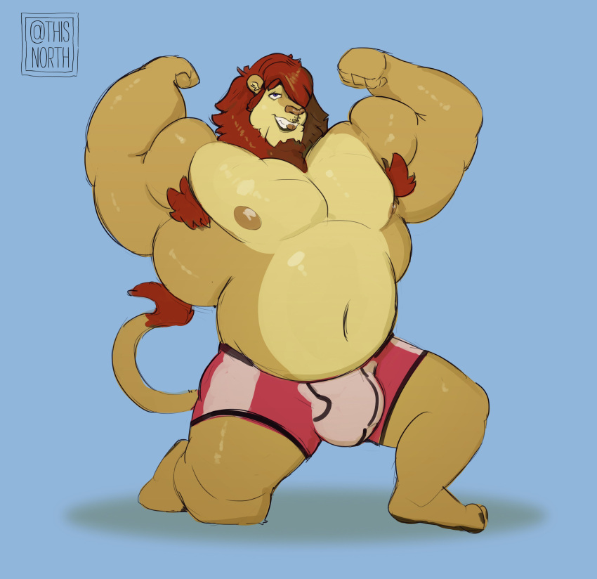 2021 absurd_res anthro armpit_hair belly biceps big_muscles bite biting_own_tongue blue_background body_hair bulge clothing facial_hair felid flexing hair hi_res huge_muscles kneeling kneeling_on_one_leg lion looking_at_viewer male mammal mane musclegut muscular muscular_anthro muscular_male navel nipples pantherine self_bite simple_background smile solo tcw tongue tongue_bite underwear