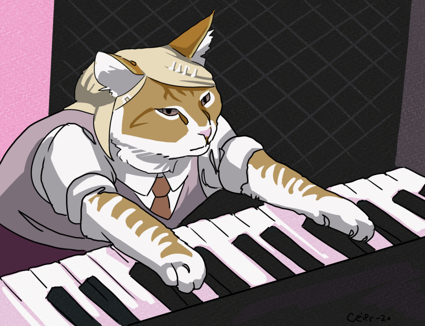 2020 accessory blonde_hair bottomwear brown_body brown_fur ceipr close-up clothed clothing cosplay crossover danganronpa danganronpa_v3 domestic_cat felid feline felis female feral fur hair hair_accessory hairclip hi_res kaede_akamatsu keyboard_cat keyboard_instrument long_hair mammal meme multicolored_body multicolored_fur musical_instrument musical_note narrowed_eyes necktie piano piano_keys pink_background pink_eyes pink_nose pupils shirt simple_background sitting skirt slit_pupils solo squint topwear two_tone_body two_tone_fur white_body white_fur