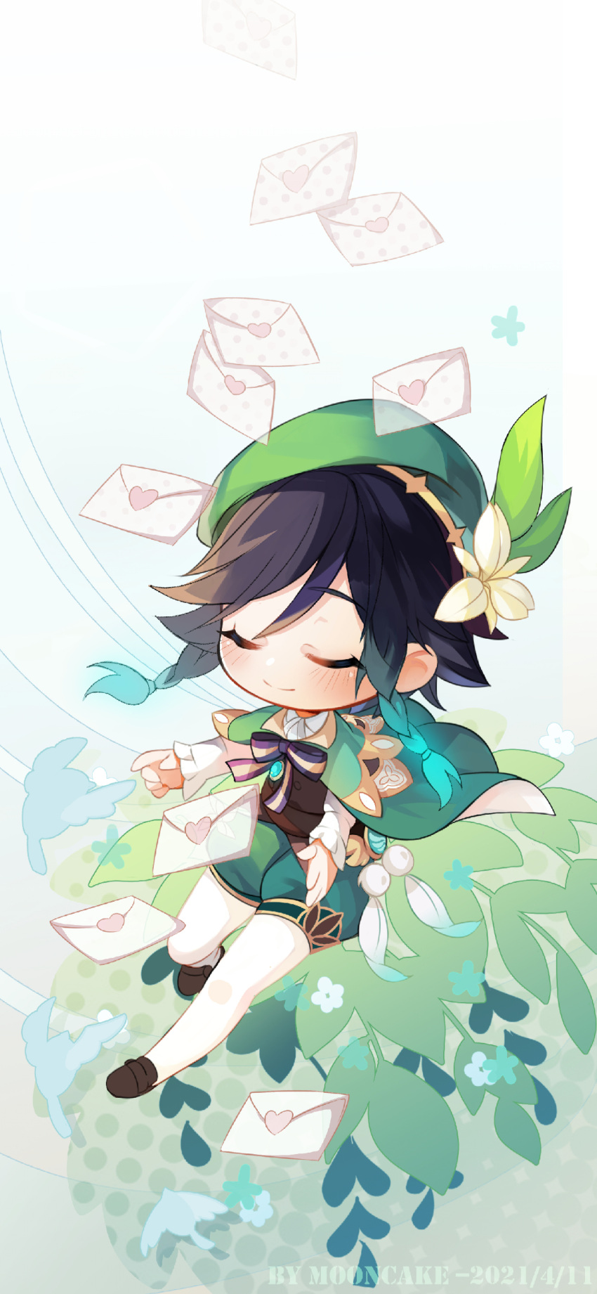1boy absurdres androgynous bangs beret black_hair blue_hair blush bow braid brooch cape chibi closed_eyes closed_mouth collared_cape collared_shirt commentary_request corset dated eyebrows_visible_through_hair feathers flower flower_(symbol) frilled_sleeves frills gem genshin_impact gradient_hair green_headwear green_shorts hat hat_flower heart highres jewelry leaf letter lonely_nine long_sleeves mail male_focus multicolored_hair pantyhose shirt shoes short_hair_with_long_locks shorts simple_background smile solo twin_braids venti_(genshin_impact) vision_(genshin_impact) white_flower white_legwear white_shirt