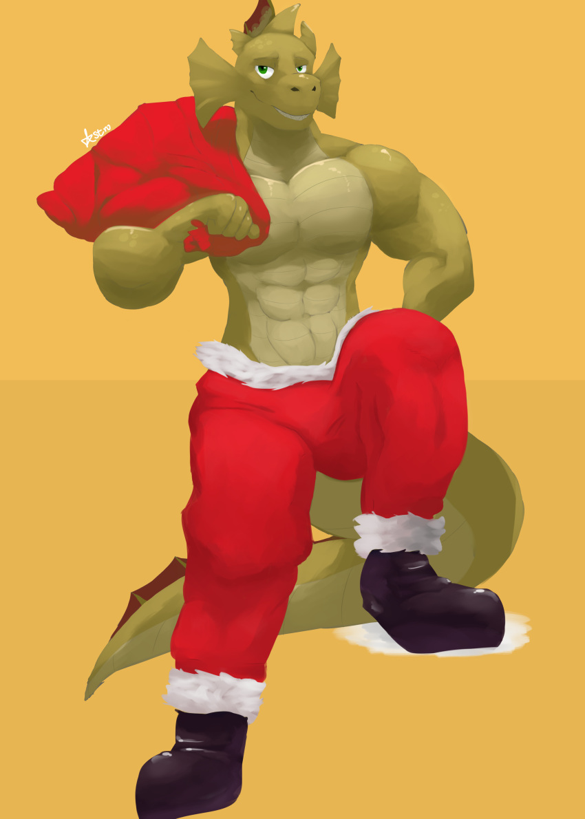 5_fingers absurd_res anthro astrodae bone_frill boots christmas christmas_clothing clothing dragon fingers footwear frill_(anatomy) gold_dragon green_eyes hi_res holidays looking_at_viewer male muscular muscular_anthro muscular_male patrick_(lunchmeat) santa's_sack shirtless shirtless_male simple_background smile solo