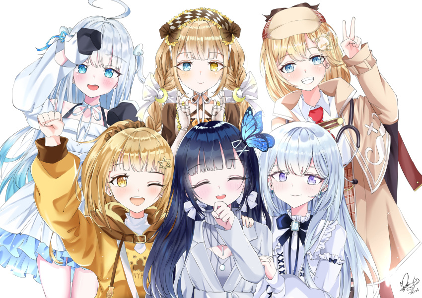 5girls :d ^_^ absurdres ahoge amatsuka_uto angel_wings aosai_nabi apron bag bangs black_footwear black_hair blonde_hair blue_eyes blue_hair blunt_bangs blush bow bow_earrings braid brown_hair bug butterfly butterfly_hair_ornament capelet cleavage_cutout closed_eyes clothing_cutout commentary creator_connection detached_sleeves detective dip-dyed_hair doll_joints dress earrings english_commentary eyebrows_visible_through_hair frilled_legwear frills full_body grey_skirt grey_sweater grin hair_ornament hairband hairclip halter_dress halter_top halterneck hat heterochromia hexagram_hair_ornament highres himukai_kogane holding_hands hololive hololive_english hood hoodie indie_virtual_youtuber insect jewelry joints lolita_fashion lolita_hairband long_hair long_sleeves looking_at_viewer maesond mini_necktie monocle_hair_ornament multiple_girls off-shoulder_dress off_shoulder open_hands open_mouth plaid plaid_apron plaid_skirt ponytail red_neckwear ribbon sandwiched shiratori_rena shirt shorts silver_dress silver_hair silver_jacket simple_background skirt smile straight-on striped striped_legwear sweater tomo_(maesond) trait_connection twin_braids twintails upper_body v virtual_youtuber voice-ore watson_amelia white_background white_shirt wing_hair_ornament wings yellow_eyes zikryzero