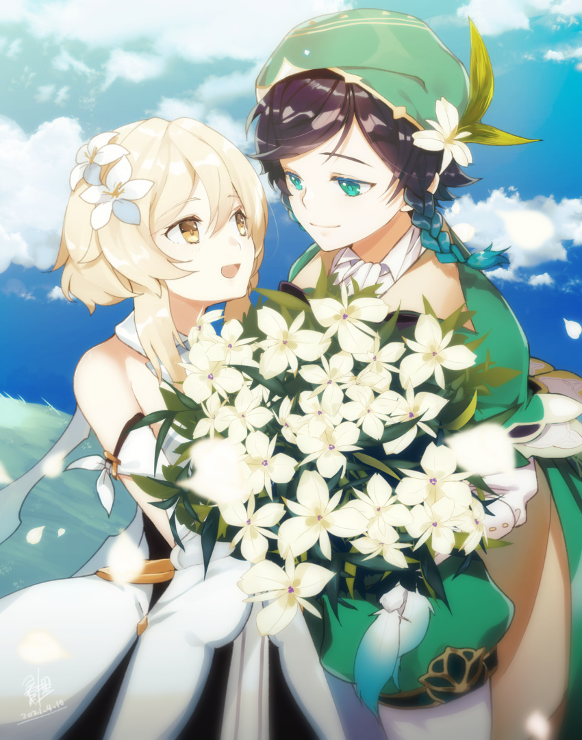 1boy 1girl :d bangs bare_shoulders beret black_hair blonde_hair blue_eyes blue_hair braid cape closed_mouth cloud collared_cape collared_shirt commentary_request couple cowboy_shot dated day detached_sleeves dress eye_contact eyebrows_visible_through_hair feathers flower genshin_impact gradient_hair grass green_eyes green_headwear green_shorts hair_between_eyes hair_feathers hair_flower hair_ornament hat hat_flower highres holding holding_flower long_sleeves looking_at_another lumine_(genshin_impact) multicolored_hair open_mouth pantyhose petals shirt short_hair short_hair_with_long_locks shorts side_braids sidelocks signature sleeveless sleeveless_dress smile standing twin_braids venti_(genshin_impact) white_dress white_flower white_legwear white_shirt white_sleeves yellow_eyes yomogi_tanuki