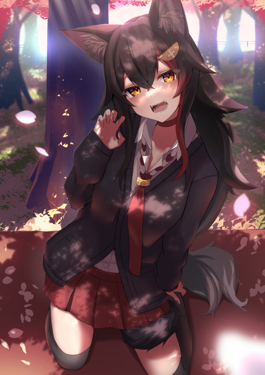 1girl :d absurdres animal_ear_fluff animal_ears black_hair black_legwear breasts cardigan cherry_blossoms claw_pose dress_shirt fangs hanami highlights highres hololive inaba_teitoku kneeling long_hair long_sleeves looking_at_viewer miniskirt multicolored_hair necktie ookami_mio open_mouth orange_eyes petals pleated_skirt red_hair shadow shirt skirt smile tail thighhighs tree tree_shade uniform virtual_youtuber wolf_ears wolf_girl wolf_tail zettai_ryouiki