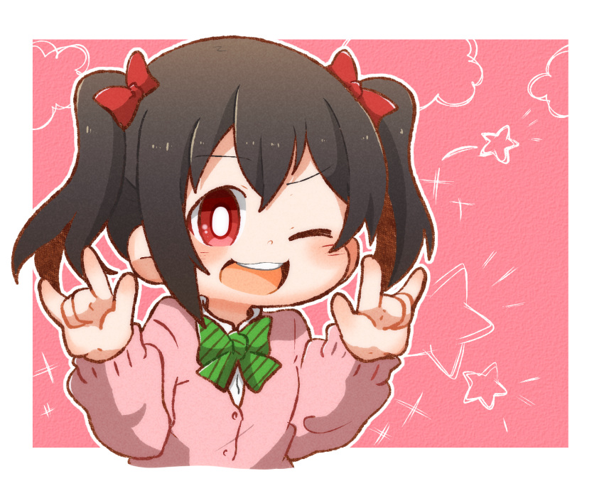 1girl bangs black_hair cardigan eyebrows_visible_through_hair g_teall green_neckwear highres love_live! love_live!_school_idol_project nico_nico_nii one_eye_closed open_mouth otonokizaka_school_uniform pink_background pink_cardigan red_eyes school_uniform smile solo star_(symbol) twintails two-tone_background upper_body yazawa_nico