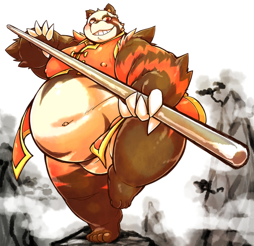 anthro asian_clothing belly chi_tiu clothing east_asian_clothing fanfan fundoshi giant_panda grin japanese_clothing male mammal navel nipples overweight overweight_anthro overweight_male pecs smile solo staff thick_arms underwear ursid