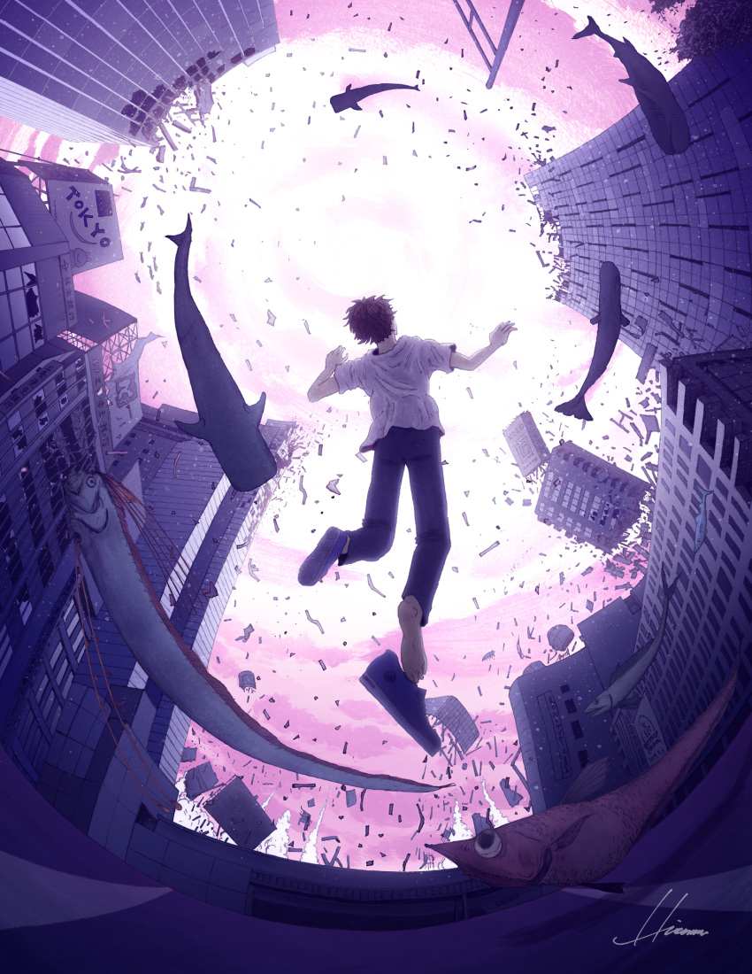 1boy black_hair building cloud cloudy_sky destruction floating from_behind highres hipy_(image_oubliees) oarfish original outdoors purple_sky shirt shoes short_hair short_sleeves signature single_shoe sky solo surreal whale white_shirt wide_shot