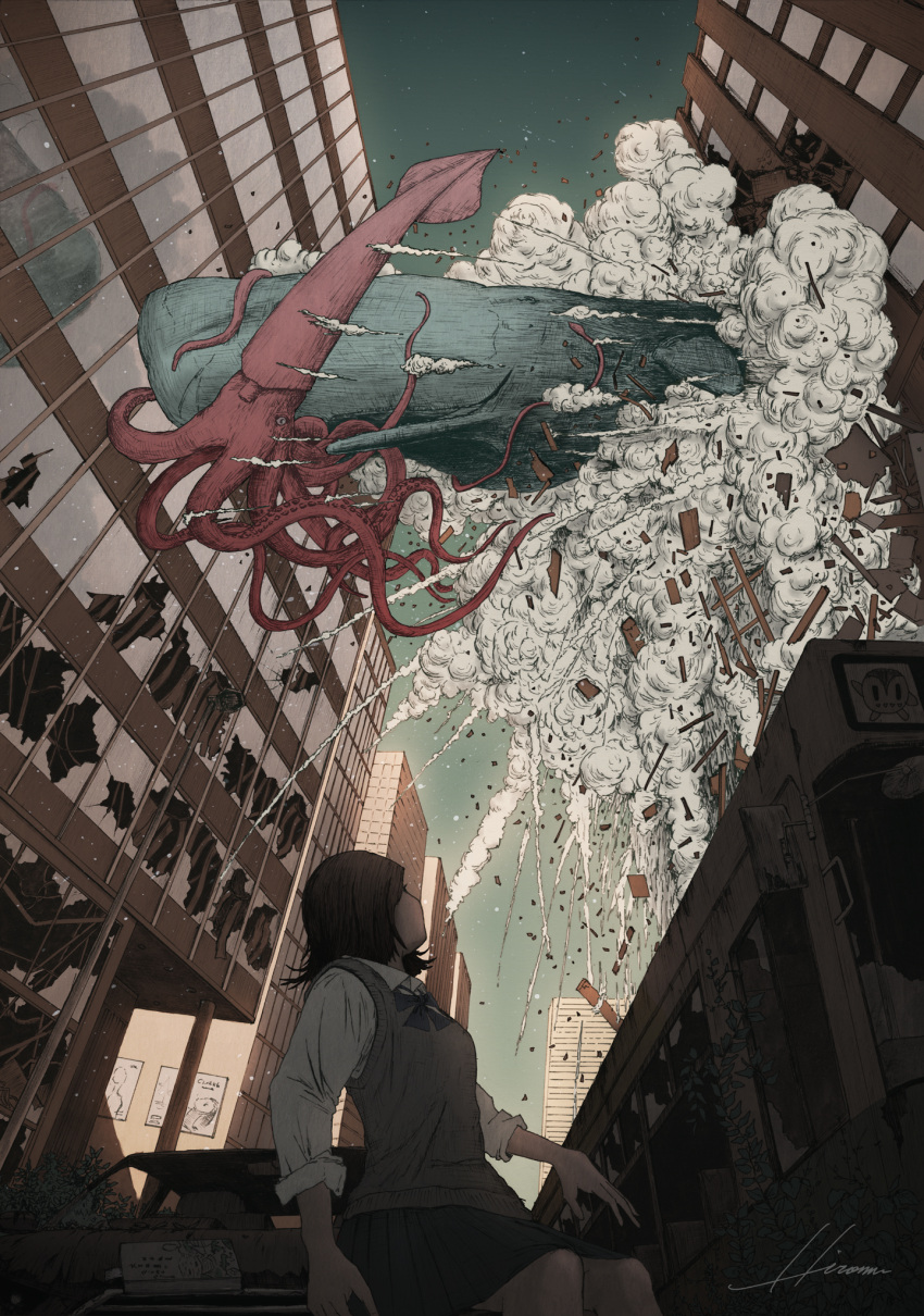 1girl black_hair building commentary destruction green_sky highres hipy_(image_oubliees) medium_hair original reflection signature smoke squid upper_body whale