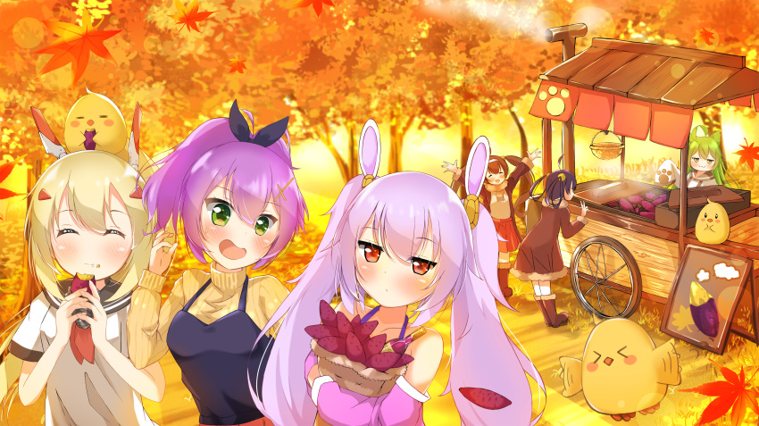 6+girls absurdres akashi_(azur_lane) animal_ears apron arms_up autumn autumn_leaves ayanami_(azur_lane) azur_lane bag bare_shoulders beige_sweater black_sailor_collar blonde_hair boots brown_coat bunny_ears casual closed_eyes coat eating eyebrows_visible_through_hair fake_animal_ears food_stand fur-trimmed_boots fur-trimmed_coat fur_trim green_eyes green_hair hair_between_eyes headgear highres holding holding_bag javelin_(azur_lane) kaorun_(momiji_hourensou) laffey_(azur_lane) leaf manjuu_(azur_lane) maple_leaf multiple_girls ning_hai_(azur_lane) open_clothes open_coat open_mouth paper_bag ping_hai_(azur_lane) pink_hair purple_hair red_eyes red_neckwear red_skirt sailor_collar scarf shirt short_sleeves skirt sweater turtleneck turtleneck_sweater twintails white_shirt