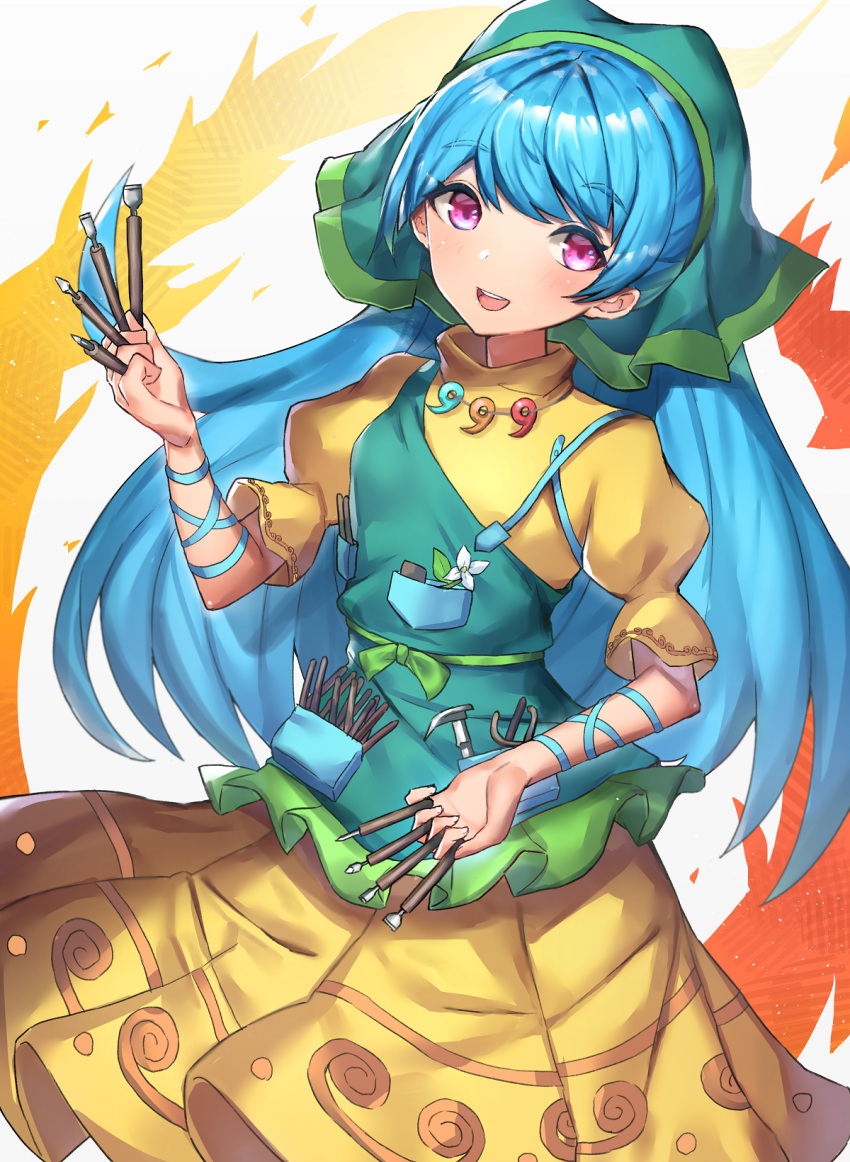 1girl :d apron arm_ribbon bangs between_fingers blue_hair blue_ribbon blush breasts chisel cowboy_shot daisy dress eyebrows_visible_through_hair flower green_apron green_headwear hair_scarf hand_up haniyasushin_keiki highres leste_(humansequencer) long_hair looking_at_viewer magatama magatama_necklace medium_breasts open_mouth pink_eyes puffy_short_sleeves puffy_sleeves ribbon short_sleeves simple_background smile solo swept_bangs touhou turtleneck very_long_hair white_flower yellow_dress