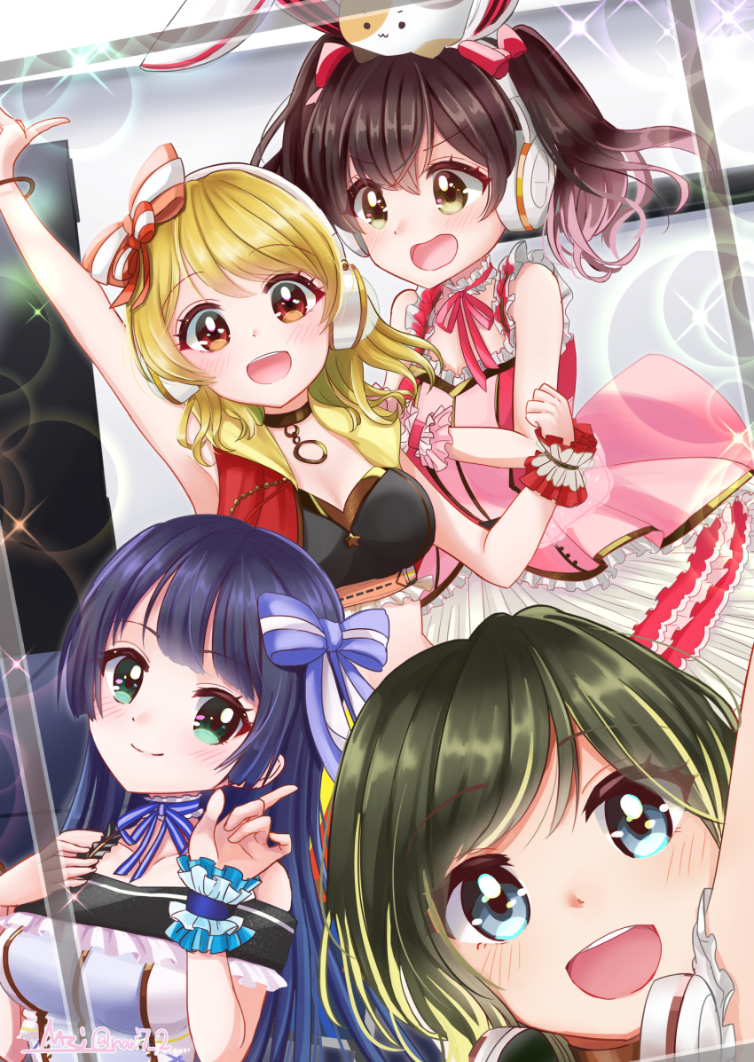4girls aimoto_rinku akashi_maho animal_ears arm_up armpits artist_name bare_shoulders black_blouse black_hair blonde_hair blouse blue_blouse blue_bow blue_eyes blue_hair blurry blush bokeh bow braid brown_eyes brown_hair bunny_ears choker closed_mouth collared_jacket commentary_request crop_top crown_braid d4dj depth_of_field door dress eyebrows_visible_through_hair fake_animal_ears frilled_blouse frilled_cuffs frilled_straps gold_choker gold_trim green_eyes hair_bow happy headphones headphones_around_neck highres hime_cut index_finger_raised indoors jacket lens_flare looking_at_another looking_at_viewer midriff multicolored_blouse multicolored_hair multiple_girls multiple_hair_bows nari_(hoooooolic) neck_ribbon off_shoulder ohnaruto_muni on_head orange_eyes pink_dress pink_ribbon pointing pointing_up pose red_bow red_jacket ribbon ribbon_choker round_teeth selfie short_hair sleeveless sleeveless_jacket spaghetti_strap sparkle star_(symbol) stomach straight_hair streaked_hair striped striped_bow studio stuffed_animal stuffed_cat stuffed_toy teeth togetsu_rei twintails twitter_username upper_body upper_teeth v-shaped_eyebrows white_blouse white_stripes wrist_cuffs