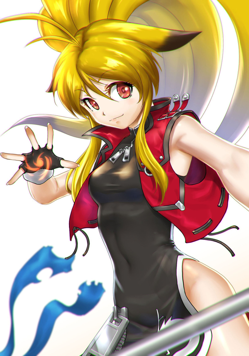 1girl animal_ears bangs black_dress black_gloves blonde_hair breasts brown_eyes china_dress chinese_clothes dress eyebrows_visible_through_hair fingerless_gloves floating_hair from_side gloves highres jacket long_hair namco_x_capcom open_hand red_jacket saitou_kazue small_breasts smile solo white_background xiaomu
