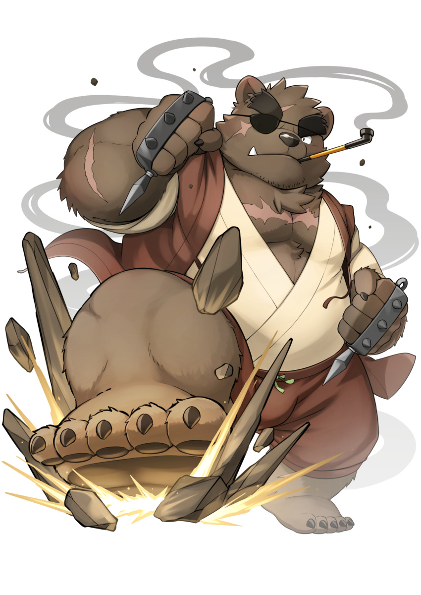 2021 anthro belly big_belly brown_body brown_fur bulge clothed clothing cute_fangs eye_patch eyewear feet fur gouki_(the_spicy_ninja_scrolls) hi_res kemono kinoshita-jiroh male mammal overweight overweight_anthro overweight_male simple_background smoking solo the_spicy_ninja_scrolls ursid weapon white_background