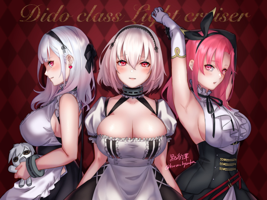 3girls absurdres armpits artist_name azur_lane black_prince_(azur_lane) black_ribbon blush breasts cleavage closed_mouth collarbone dido_(azur_lane) doll dress earrings elbow_gloves english_text eyebrows_visible_through_hair gloves hair_ribbon hairband hands_up heart heart_earrings highres holding holding_doll jewelry kurono_hyouka large_breasts long_hair looking_at_viewer maid multiple_girls pink_eyes pink_hair purple_eyes red_eyes ribbon short_hair silver_hair simple_background sirius_(azur_lane) twitter_username white_gloves