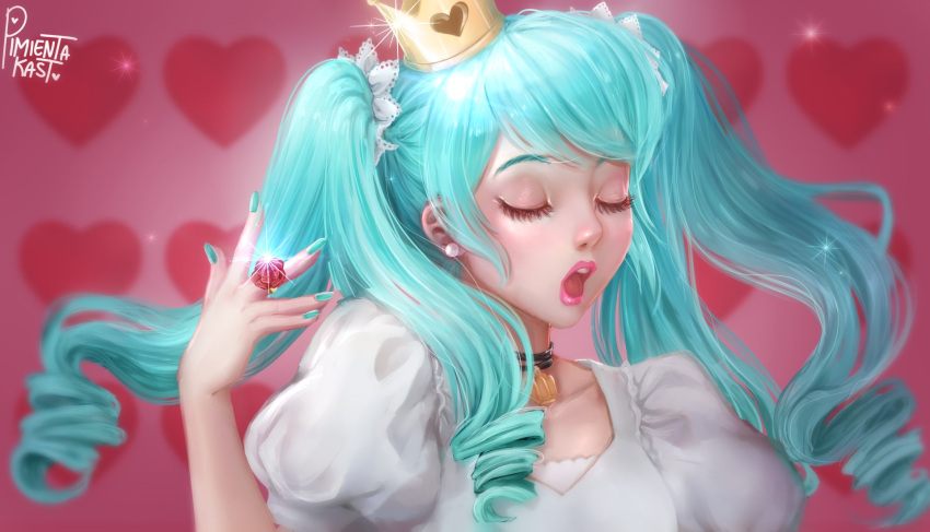 1girl aqua_hair aqua_nails artist_name blurry choker closed_eyes collarbone commentary crown depth_of_field dress earrings eyelashes hair_ribbon hatsune_miku heart heart_background highres jewelry lace_ribbon lipstick makeup mini_crown nose open_mouth pearl_earrings pimienta_kast pink_background pink_lips puffy_short_sleeves puffy_sleeves realistic ribbon ring ringlets romaji_commentary short_sleeves signature solo sparkle twintails vocaloid white_dress world_is_mine_(vocaloid)
