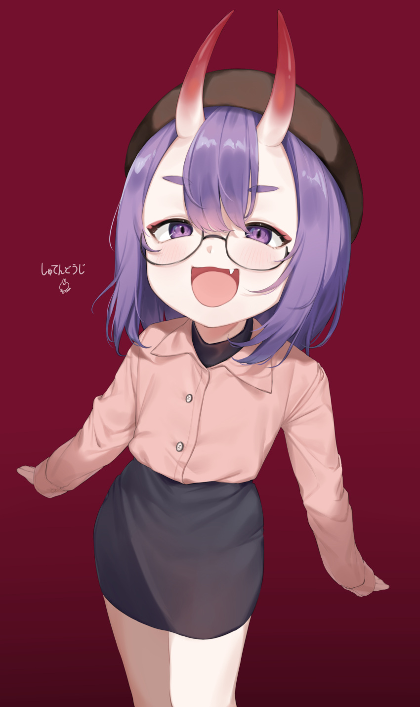 1girl :d absurdres bangs beret blush bob_cut buttons collared_shirt eyeliner fang fate/grand_order fate_(series) glasses hat highres horns looking_at_viewer makeup miniskirt office_lady oni oni_horns open_mouth purple_eyes purple_hair shirt short_eyebrows short_hair shuten_douji_(fate) signature skin-covered_horns skirt smile solo useq1067