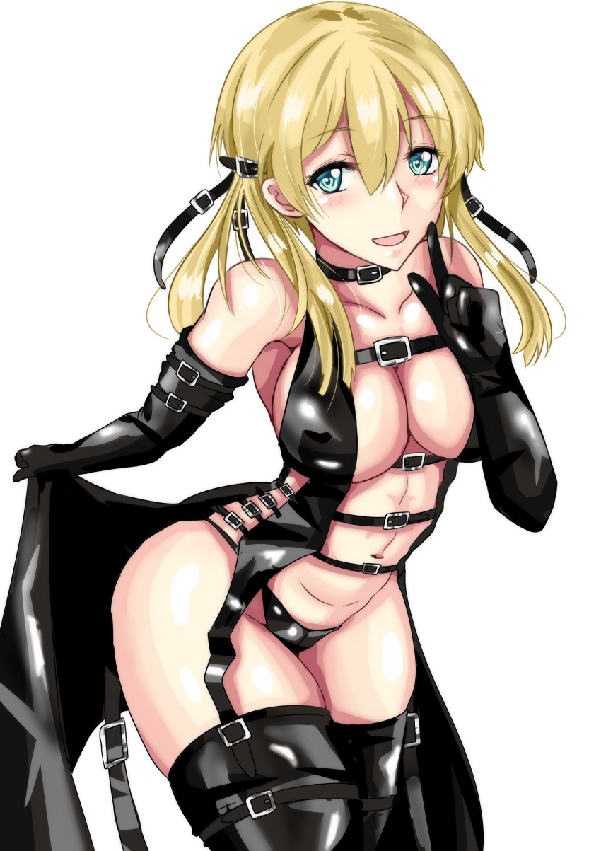 1girl absurdres aqua_eyes bare_shoulders bdsm black_gloves black_panties blonde_hair blush bondage_outfit breasts buckle cleavage collarbone cowboy_shot elbow_gloves eyebrows_visible_through_hair finger_to_mouth gloves hair_intakes hair_ribbon highres kantai_collection ken_(shutenndouji1) latex latex_choker latex_gloves latex_legwear latex_panties leather leather_choker long_hair looking_at_viewer medium_breasts navel open_mouth panties prinz_eugen_(kancolle) ribbon skirt skirt_lift smile solo standing thighhighs thighs underwear white_background