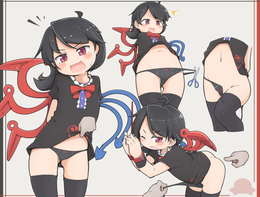 1girl annoyed ass assisted_exposure asymmetrical_wings bangs bent_over black_dress black_hair black_legwear black_panties blush blush_stickers bow bowtie commentary_request cowboy_shot cropped_legs cropped_torso d; disembodied_limb dress eyebrows_visible_through_hair fang flat_chest from_below highres houjuu_nue lifted_by_self long_hair looking_at_viewer looking_to_the_side lower_body multiple_views navel notice_lines one_eye_closed open_mouth panties parted_bangs pink_eyes pointing poking red_bow red_neckwear restrained scissors simple_background skin_fang sweat tearing_up thighhighs touhou turnip_kabura ufo underwear v-shaped_eyebrows white_background wings