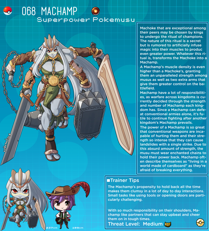 big_breasts blue_background breasts cleavage clothed clothing english_text female hair hammer hi_res holding_object holding_sword holding_weapon human humanoid kinkymation machamp mammal melee_weapon multi_arm multi_limb nintendo pok&eacute;mon pok&eacute;mon_(species) pok&eacute;mon_humanoid pok&eacute;morph purple_hair simple_background sword text tools video_games weapon