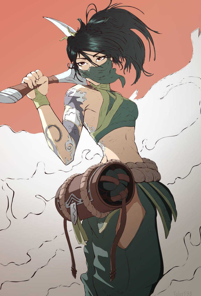 1girl absurdres akali arm_tattoo bare_shoulders fingernails green_hair hair_between_eyes highres holding holding_weapon league_of_legends long_hair mask mouth_mask ninja ponytail red_eyes sickle smoke solo talos198 tattoo weapon