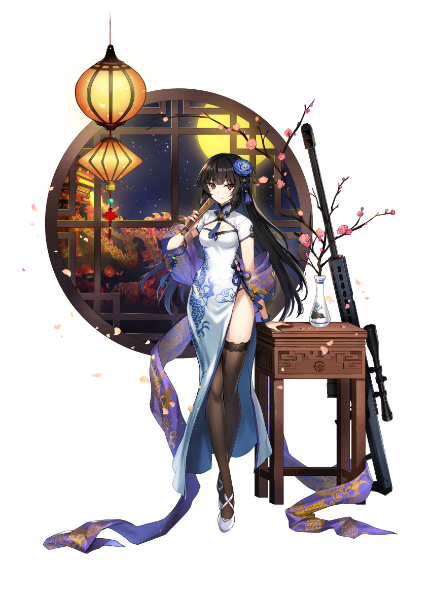 1girl absurdres anti-materiel_rifle barrett_m82 black_hair black_legwear black_panties bracelet breasts china_dress chinese_clothes closed_mouth counter_side crossed_ankles dress eyebrows_visible_through_hair fan flower folding_fan gun hair_flower hair_ornament highres huge_filesize jewelry lantern long_dress long_hair nail_polish night official_art panties paper_lantern petals pink_nails red_eyes rifle side_slit sidelocks simple_background small_breasts smile sniper_rifle solo thighhighs transparent_background underwear weapon white_dress