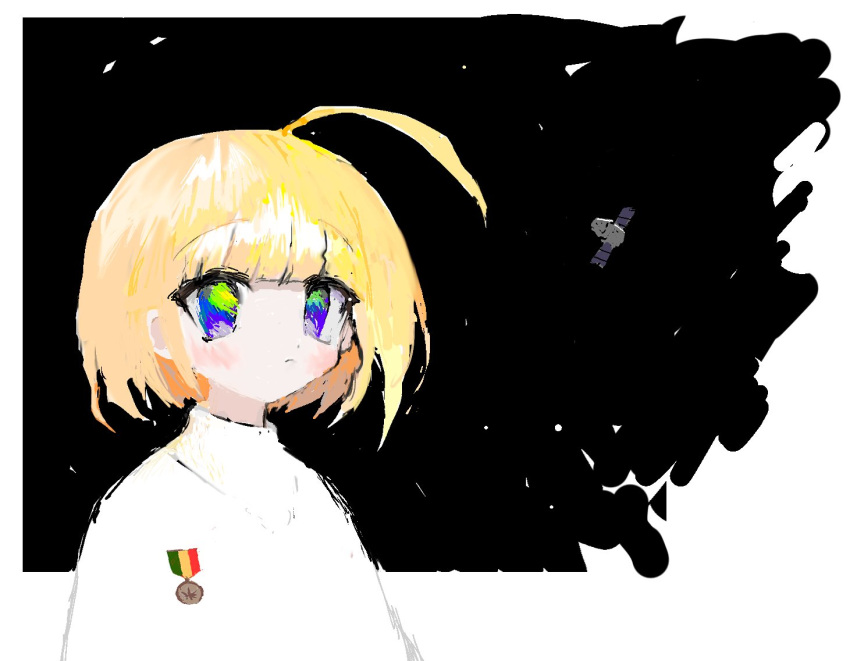 ahoge androgynous auksechan blonde_hair blush medal original satellite short_hair space