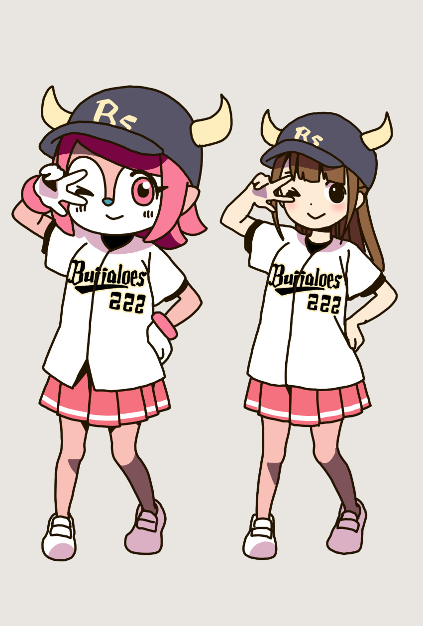 2girls ;) bangs baseball_cap baseball_jersey black_headwear blunt_bangs blush brown_hair buffalo_bell buffalo_bell_(cosplay) closed_mouth clothes_writing commentary cosplay cow_horns crossover dot_nose full_body gloves grey_background hand_on_hip hand_up hat highres hitoribocchi_no_marumaru_seikatsu honshou_aru horned_headwear horns katsuwo_(cr66g) long_hair mascot matching_outfit medium_hair miniskirt multiple_girls nippon_professional_baseball one_eye_closed orix_buffaloes pink_eyes pink_hair pink_skirt pleated_skirt pose shirt short_sleeves side-by-side sidelocks simple_background skirt smile sportswear standing striped striped_skirt w w_over_eye white_footwear white_gloves white_shirt