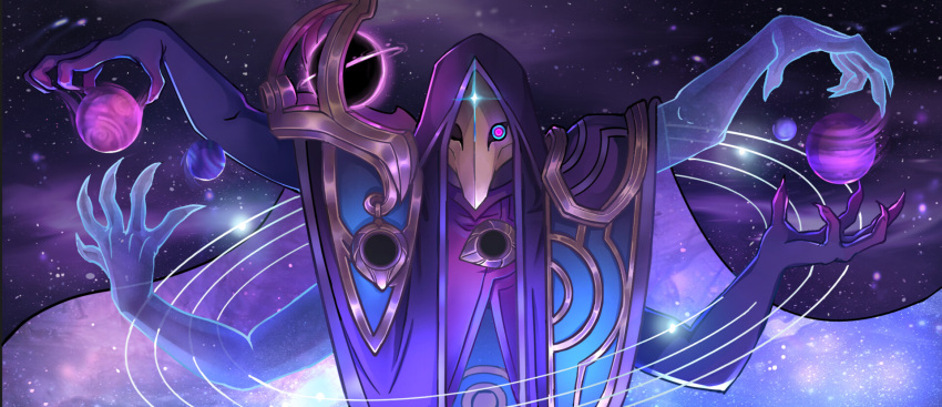 accessories bad_id black_hole blue_robe cape eldritch_abomination extra_arms gold highres hood jhin league_of_legends looking_at_viewer mask nebula planet purple_robe space star_(sky) star_ring transparent_limb yangyexin