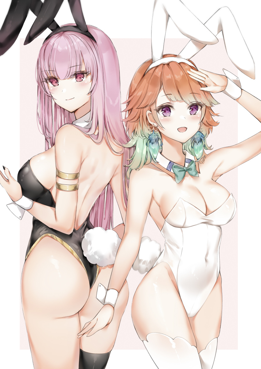 2girls :d absurdres animal_ears arm_up armband ass bangs bare_shoulders black_legwear black_leotard black_nails border bow bowtie breasts bunny_ears bunny_tail cleavage covered_navel detached_collar earrings eyebrows_visible_through_hair facing_away facing_viewer fake_animal_ears feather_earrings feathers gradient_hair green_hair highres hololive hololive_english jewelry large_breasts leotard long_hair looking_at_viewer looking_back mori_calliope multicolored_hair multiple_girls nail_polish open_mouth orange_hair pink_eyes pink_hair playboy_bunny purple_eyes salute sidelocks simple_background smile strapless tail takanashi_kiara thighhighs thighs virtual_youtuber white_legwear yukineko1018