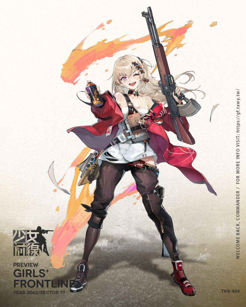 1girl artist_request bangs bare_shoulders belt black_legwear black_pants blue_eyes breasts character_name cleavage collarbone commentary_request copyright_name earrings eyebrows_visible_through_hair floor girls_frontline highres holding holding_weapon jacket jacket_pull jewelry long_hair medium_breasts mole mole_under_eye multicolored multicolored_eyes notebook official_art one_eye_closed open_clothes open_jacket open_mouth pants pantyhose platinum_blonde_hair purple_eyes red_jacket shirt shoes smile sneakers solo spray_paint standing tkb-408_(girls_frontline) weapon white_shirt