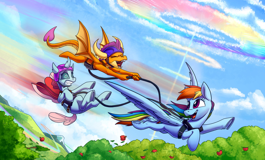 2021 ambiguous_gender apple arthropod changeling cloud cutie_mark dragon equid equine eyelashes feral fingers food friendship_is_magic fruit group hasbro hi_res hooves mammal membrane_(anatomy) membranous_wings mountain my_little_pony ocellus_(mlp) open_mouth outside pegasus plant purple_eyes rainbow_dash_(mlp) smolder_(mlp) tsitra360 wings