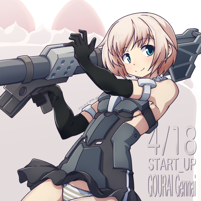 1girl 547th_sy black_gloves black_skirt blonde_hair blue_eyes breasts cake cannon character_name dated elbow_gloves eyebrows_visible_through_hair food frame_arms_girl gloves gourai highres holding holding_weapon mecha_musume miniskirt panties pantyshot short_hair skirt small_breasts smile solo striped striped_panties twitter_username underwear weapon