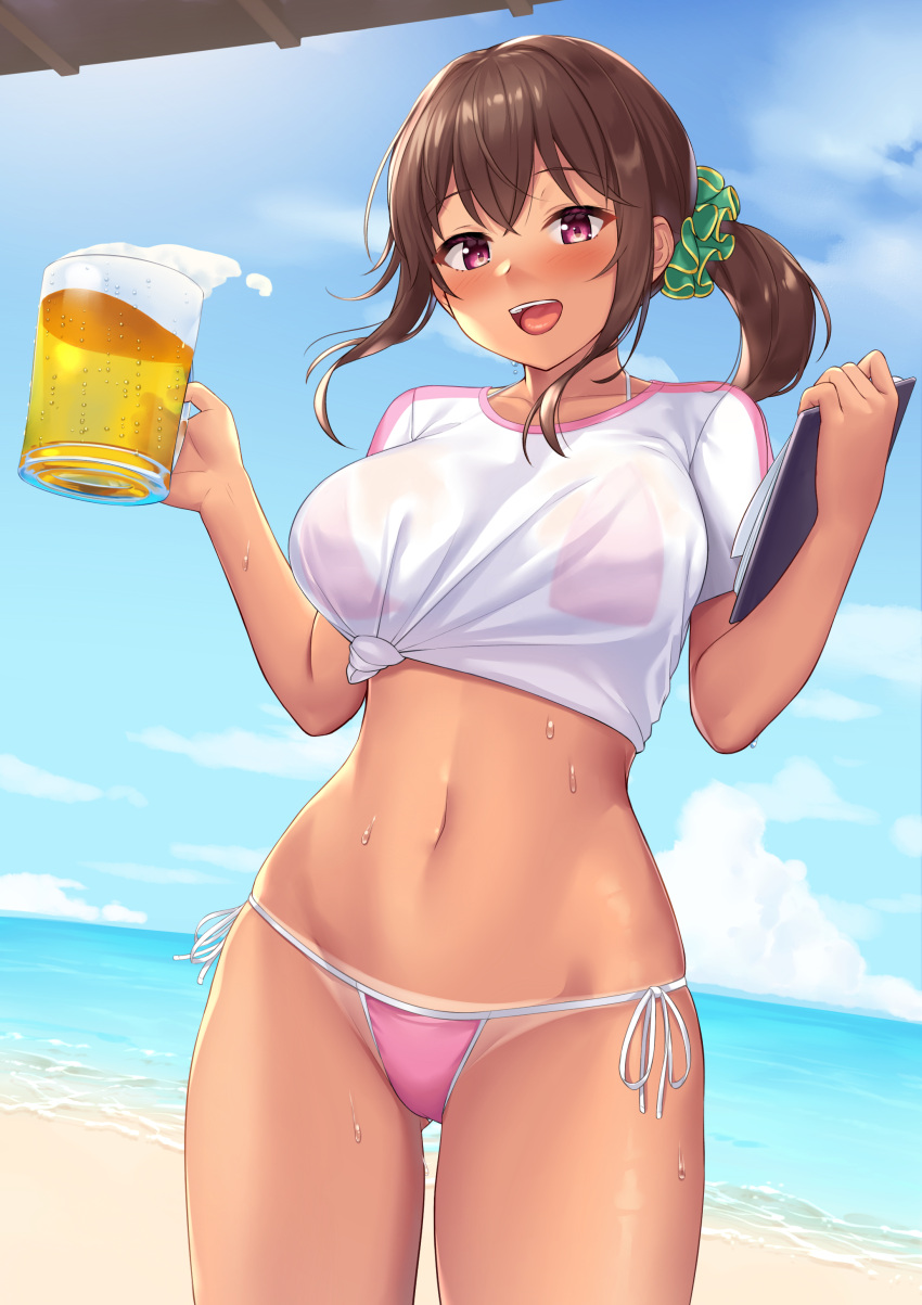 1girl :d absurdres alcohol bangs beach beer beer_mug bikini bikini_under_clothes blue_sky blush breasts brown_hair clipboard cloud collarbone commentary_request cowboy_shot crossed_bangs cup day eyebrows_visible_through_hair floating_hair green_scrunchie groin hair_between_eyes hair_ornament hair_scrunchie highres holding holding_clipboard holding_cup large_breasts long_hair looking_at_viewer midriff mug navel ocean open_mouth original outdoors pink_bikini ponytail red_eyes sawada_yuusuke scrunchie second-party_source see-through shirt side-tie_bikini sky smile solo standing sweat swimsuit tan tanline tied_shirt upper_teeth wet wet_clothes wet_shirt white_shirt