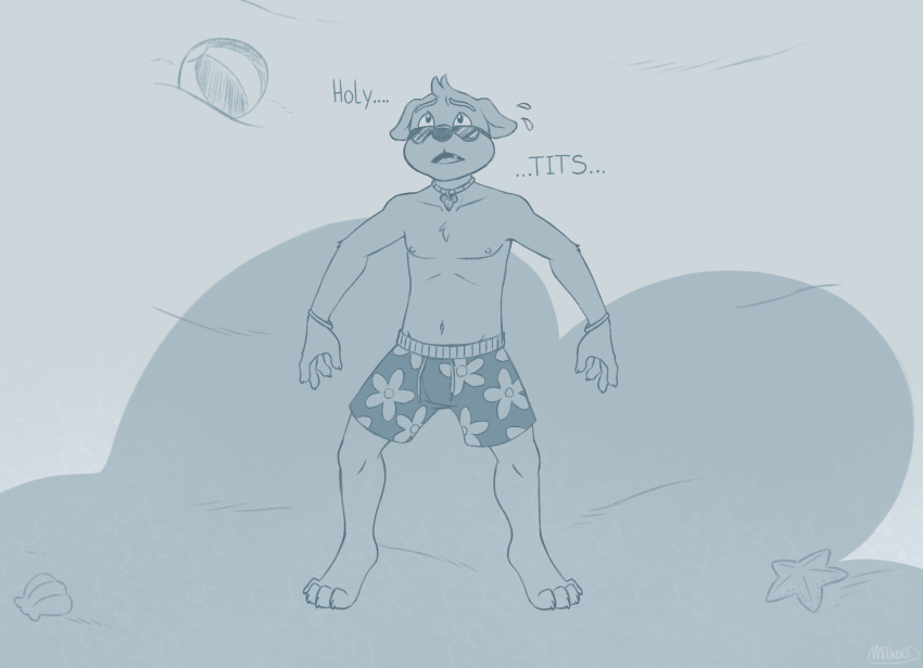 anthro ball beach beach_ball big_breasts breasts canid canine canis clothing domestic_dog eyewear glasses greyscale hi_res huge_breasts humor hyper hyper_breasts looking_up maddworld male mammal monochrome offscreen_character ominous seaside shadow solo sunglasses swimming_trunks swimwear