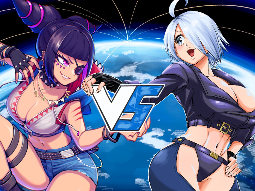 abs ahoge angel_(kof) bangs blunt_bangs breasts chaps choker cleavage cropped_jacket drill_hair eyepatch fingerless_gloves gloves grey_eyes hair_over_one_eye han_juri highres jacket large_breasts leather leather_jacket mexican open_mouth purple_eyes snk street_fighter street_fighter_v takumi_watanuki the_king_of_fighters the_king_of_fighters_xiv toned twin_drills white_hair yocchan5732