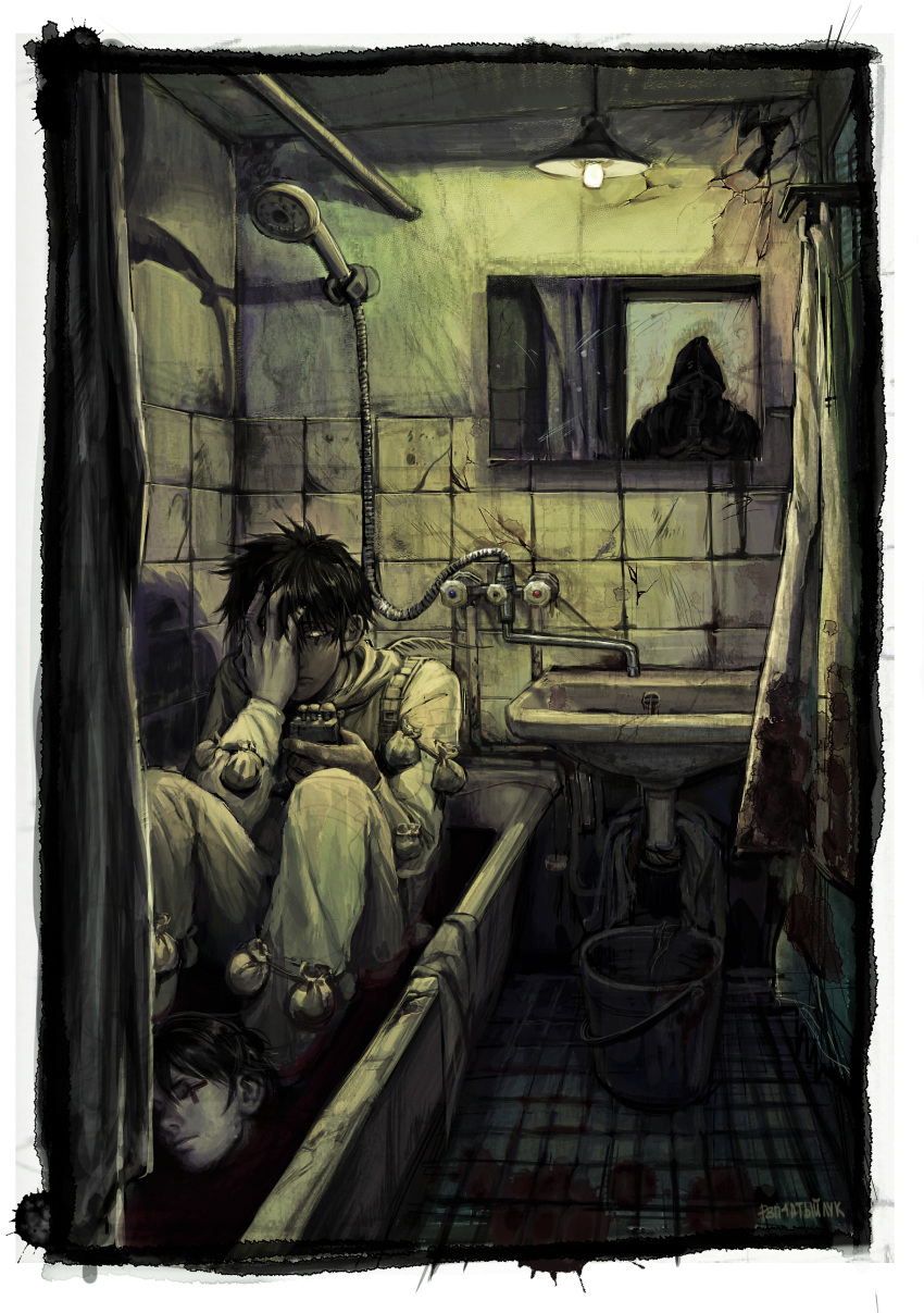 1boy 2boys absurdres afloat artist_name bathroom bathtub black_hair blood bloody_clothes border bucket closed_eyes closed_mouth crack cracked_wall curtains death dokuga dorohedoro facial_mark gloves guro hair_between_eyes hand_on_own_face highres holding indoors light_bulb maid male_focus mirror monochrome multiple_boys paint_splatter pouch r3p4aty_bow reflection scratches severed_head shadow shower_curtain shower_head signature silhouette sink sitting solo solo_focus tile_floor tile_wall tiles white_border white_gloves window yellow_eyes