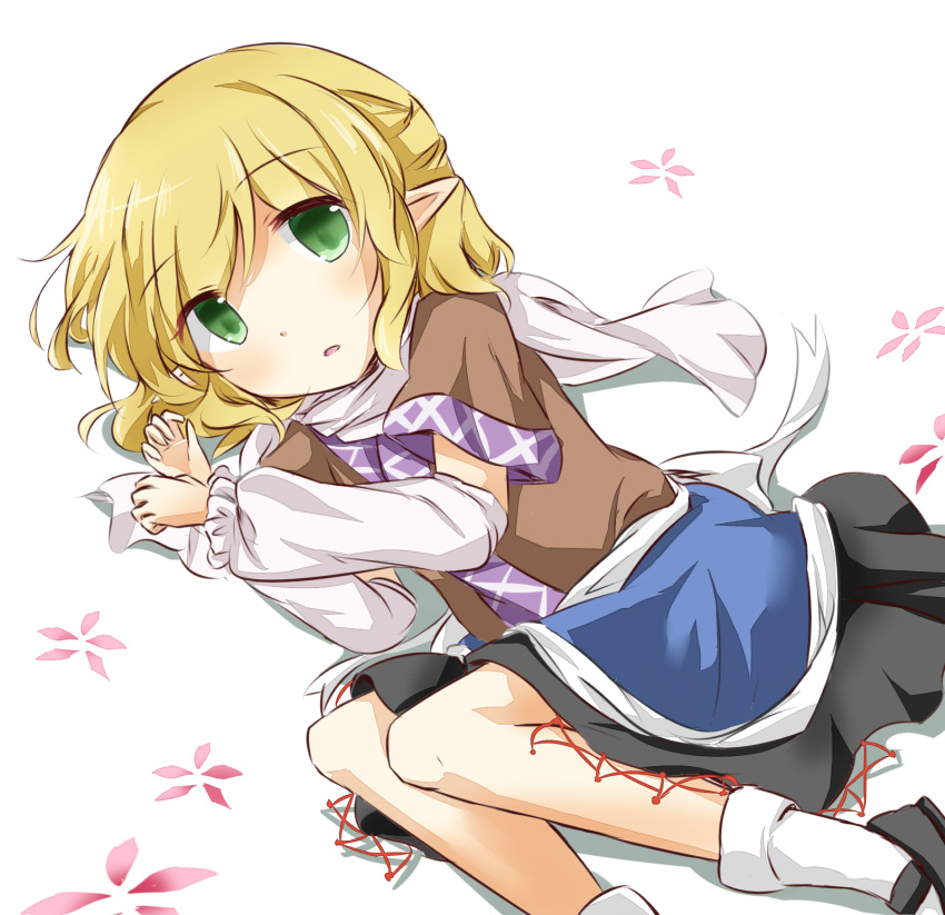1girl arm_warmers bangs black_footwear black_skirt blonde_hair blush brown_shirt commentary_request eyebrows_visible_through_hair feet_out_of_frame green_eyes half_updo highres looking_at_viewer lying mizuhashi_parsee on_side open_mouth pointy_ears puchimirin sash scarf shirt shoes short_hair short_sleeves skirt socks solo touhou white_background white_legwear white_sash white_scarf