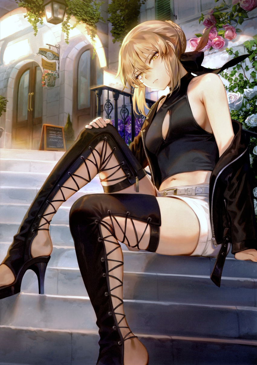 1girl absurdres arm_support artoria_pendragon_(all) bangs bare_shoulders belt black_jacket blonde_hair bow breasts closed_mouth clothing_cutout fate/grand_order fate/stay_night fate_(series) hair_bow high_heels highres jacket knee_up looking_at_viewer mashuu_(neko_no_oyashiro) midriff navel off_shoulder open_clothes open_jacket saber_alter scan shorts simple_background sitting small_breasts solo stairs tied_hair toeless_footwear white_shorts yellow_eyes