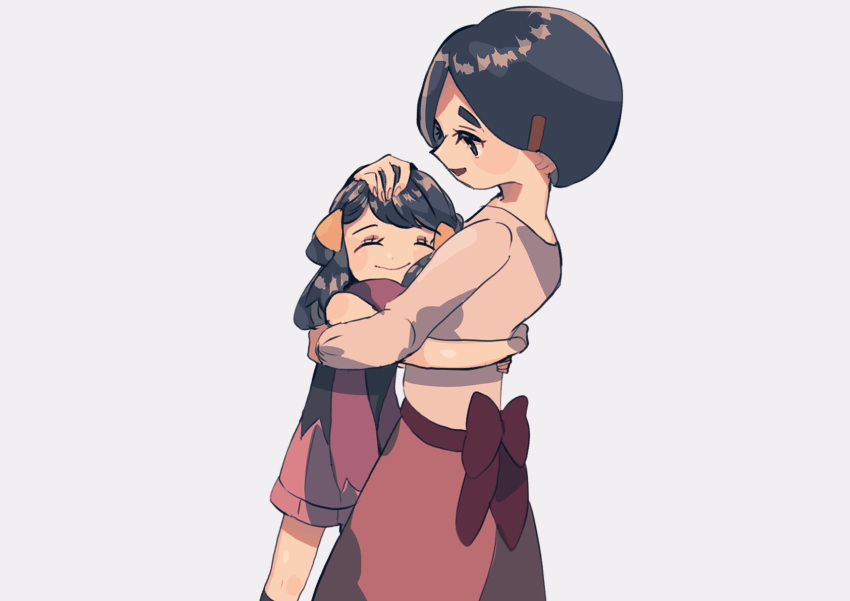 2girls bangs black_hair blush_stickers bow closed_eyes closed_mouth commentary dawn_(pokemon) donguri_big dress eyelashes hair_ornament hairclip highres hug johanna_(pokemon) knees long_hair mother_and_daughter multiple_girls open_mouth pokemon pokemon_(game) pokemon_dppt red_bow scarf shirt short_hair simple_background skirt smile white_background