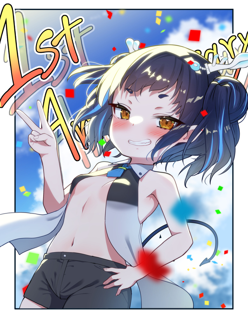 1girl anniversary bangs bare_arms bare_shoulders black_hair black_shorts blue_hair blue_sky blush breasts brown_eyes cloud cloudy_sky collared_shirt commentary_request confetti cottage_project day demon_tail eyebrows_visible_through_hair grin hair_ornament hand_on_hip highres looking_at_viewer mashika_tsuno multicolored_hair navel outdoors shirt short_eyebrows short_shorts shorts sky sleeveless sleeveless_shirt small_breasts smile solo streaked_hair tail templus thick_eyebrows two_side_up virtual_youtuber white_shirt