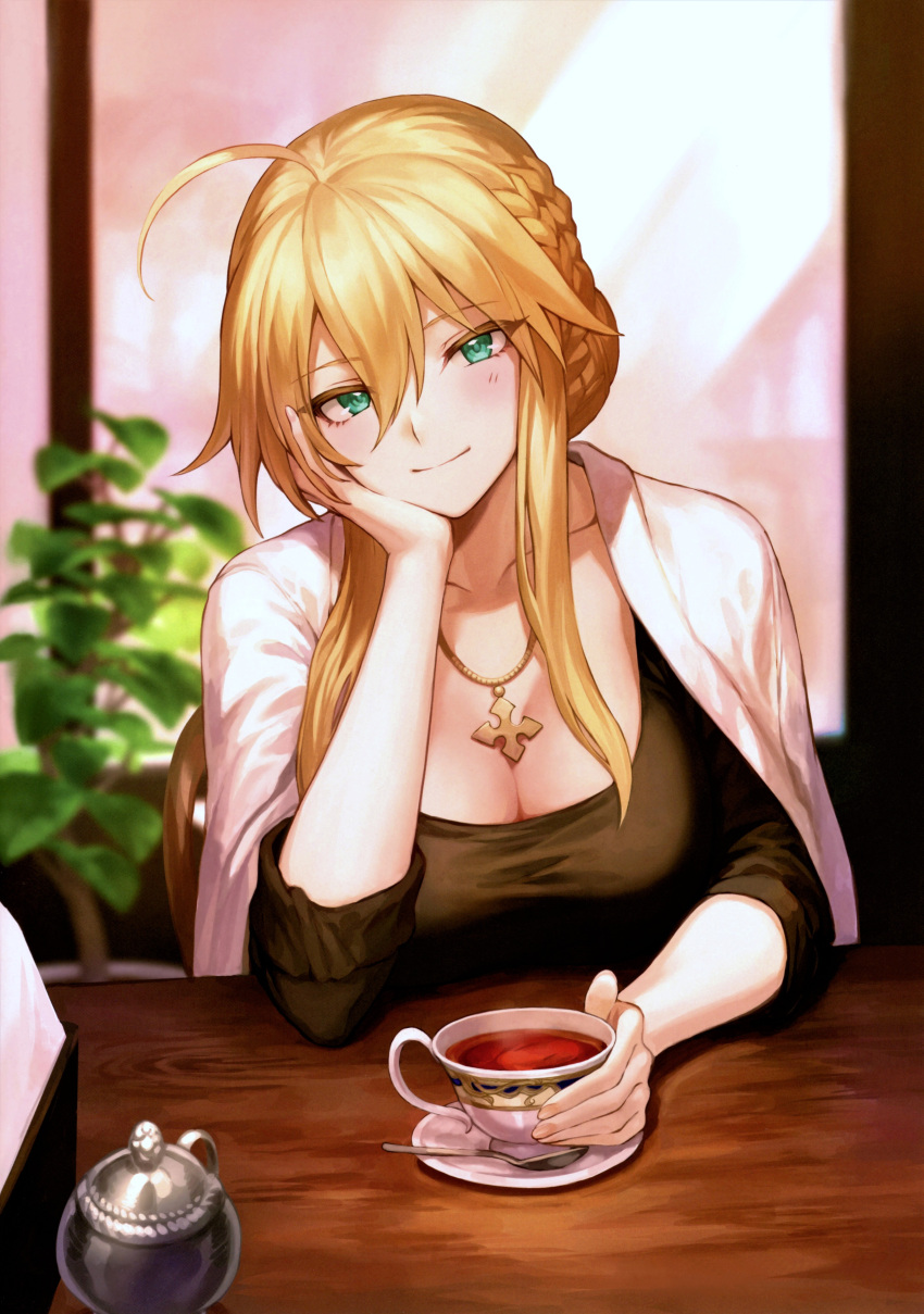 1girl absurdres ahoge artoria_pendragon_(all) artoria_pendragon_(lancer)_(fate) bangs blonde_hair blush braid breasts cleavage collarbone fate/grand_order fate_(series) french_braid green_eyes highres indoors jewelry looking_at_viewer mashuu_(neko_no_oyashiro) medium_breasts necklace plant smile solo spoon table tea tearing_up