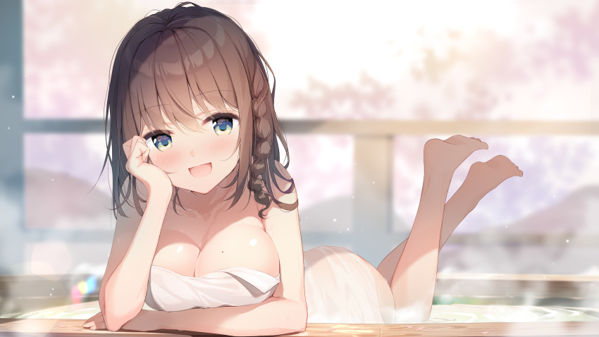 braids breasts brown_hair cleavage nijihashi_sora onsen original see_through towel