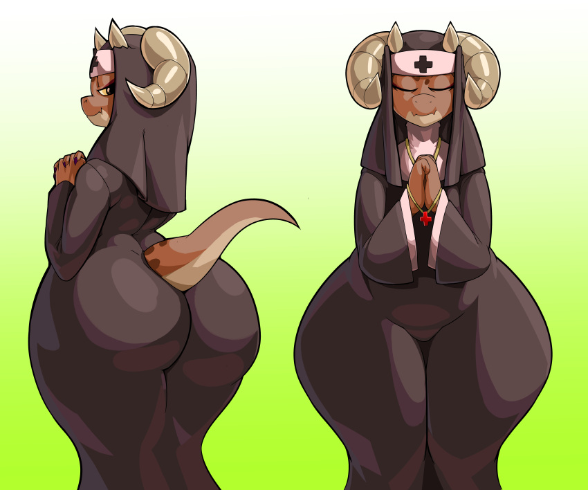 absurd_res anthro arkanman big_butt butt clothed clothing eyes_closed female hi_res kobold nun piko rear_view solo thick_thighs wide_hips