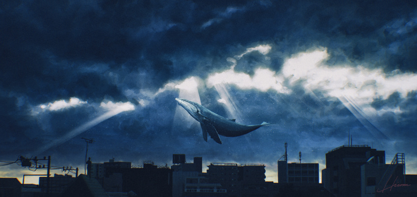 building chromatic_aberration cloud cloudy_sky dark_sky floating flying flying_whale highres hipy_(image_oubliees) light_rays no_humans original outdoors rooftop signature silhouette sky solo sunbeam sunlight surreal whale