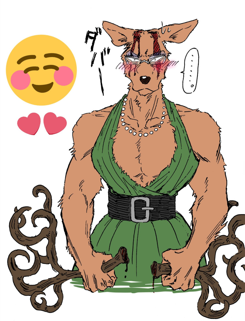 &lt;3 ... 2021 anthro antlers beastars blood blush bodily_fluids cervid clothed clothing crossdressing dress emoji eyelashes eyeshadow eyewear front_view glasses half-length_portrait hi_res holding_horn horn japanese_text jewelry looking_at_viewer makeup male mammal muscular muscular_anthro muscular_male necklace oguma_(beastars) portrait simple_background solo text white_background yuzuki_fang111