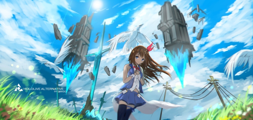 1girl artist_name bird blue_eyes blue_legwear blue_skirt blue_sky brown_hair cloud cloudy_sky copyright_name drago39r floating floating_object grass hair_ornament highres hololive hololive_alternative looking_at_viewer outdoors pillar planted_sword planted_weapon skirt sky sleeveless smile solo star_(symbol) star_hair_ornament sword thighhighs tokino_sora utility_pole weapon