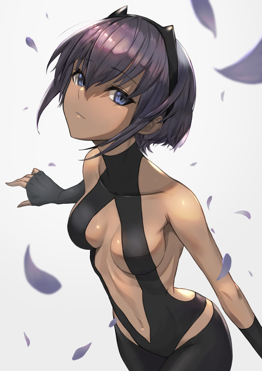 1girl announ_(kurotya) bangs bare_shoulders black_gloves black_hairband black_leotard breasts center_opening collarbone dark_skin dark_skinned_female fate/prototype fate/prototype:_fragments_of_blue_and_silver fate_(series) fingerless_gloves gloves hairband hassan_of_serenity_(fate) highres leggings leotard looking_at_viewer medium_breasts navel petals purple_eyes purple_hair short_hair sidelocks